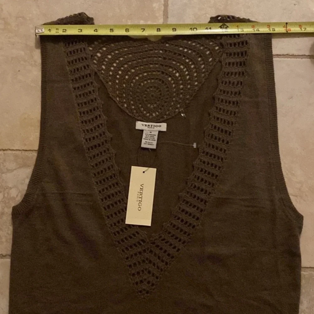 Vertigo Paris $160 NWT Angora Sleeveless Crochet Sweater Vest Tunic Olive Tan M - Picture 8 of 13